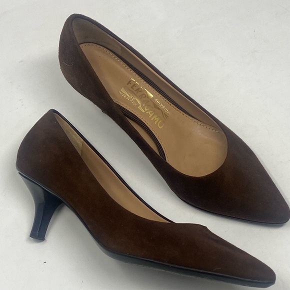 Salvatore Ferragamo Pumps Heel Brown Suede Sz 5 - Picture 14 of 16
